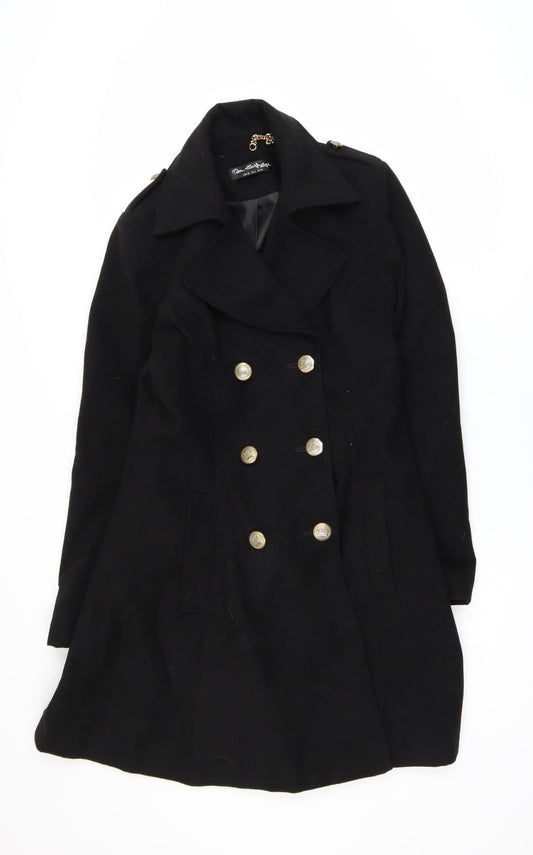 Miss Selfridge Women Black Long Pea Coat UK 10 Classic Style