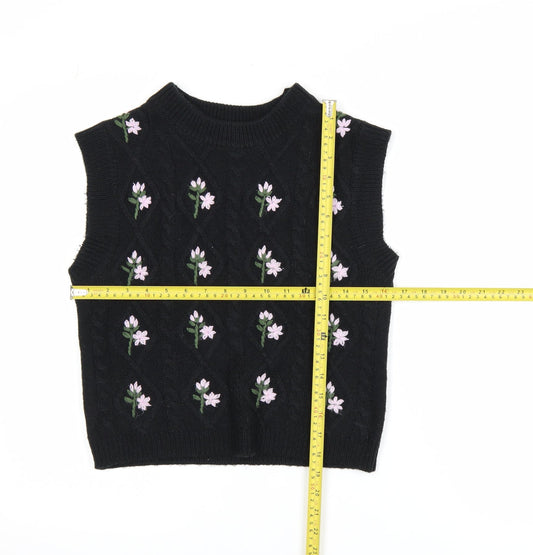 Warehouse Women Black Floral Embroidered Cable Knit Vest Jumper S
