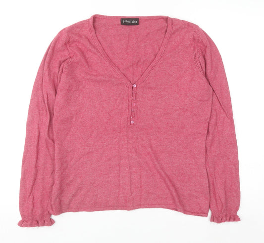 Principles Women Pink V-Neck Henley Jumper Size 16 Cotton Blend