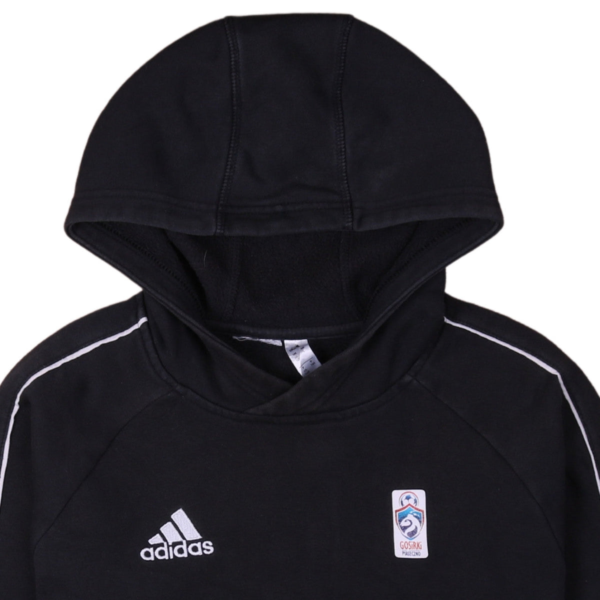 Brand and care label for Adidas boys’ black pullover hoodie 13-14 years sports logo hooded top