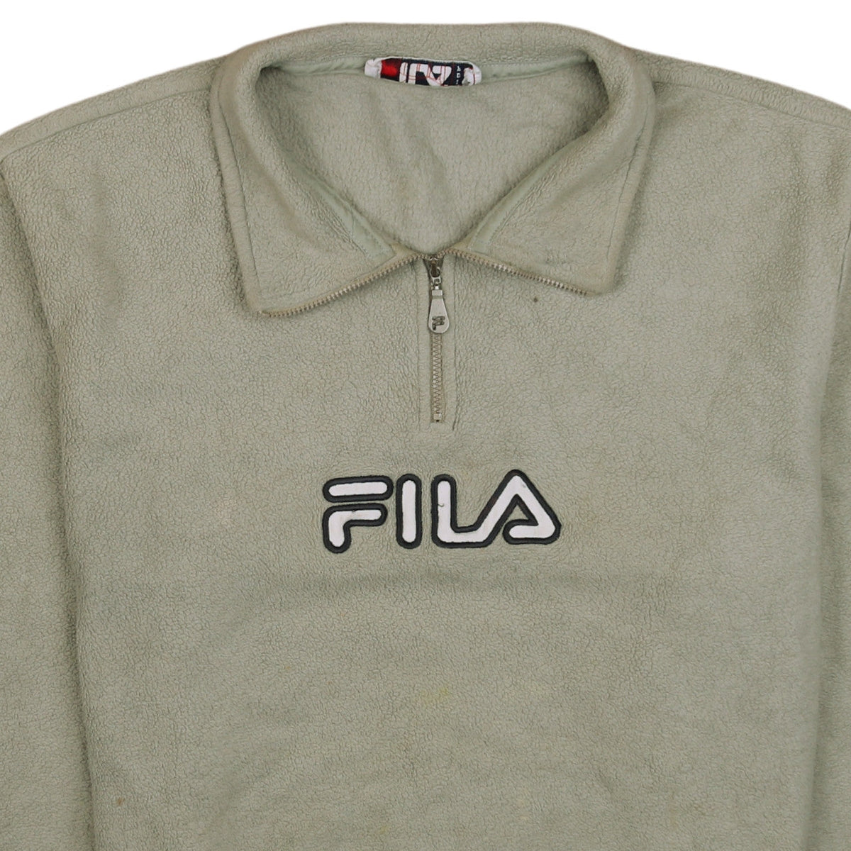 Brand and care label for Fila Men’s Green 1/4 Zip Fleece Jacket, size M, Retro Sportswear