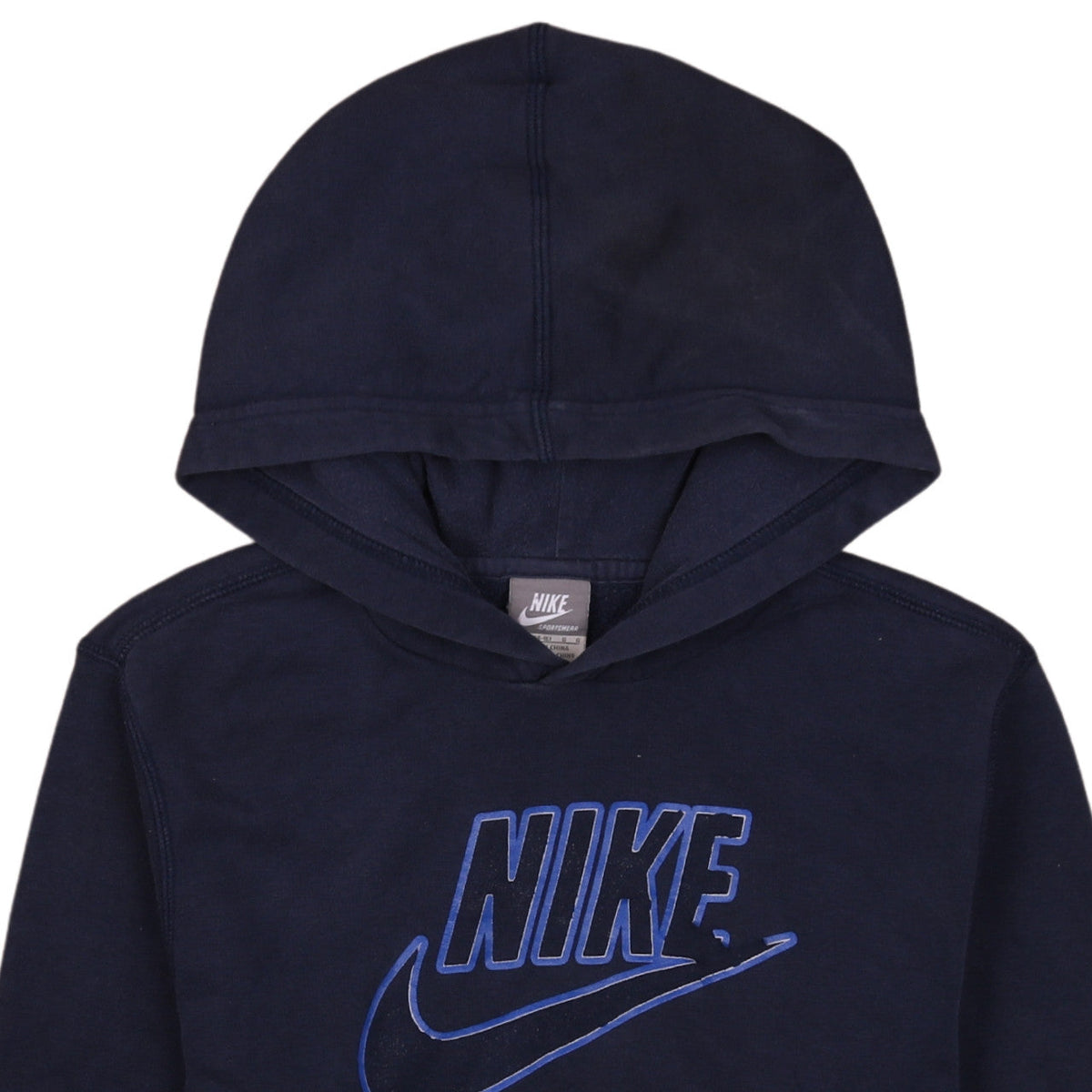 Brand and care label for Nike Teens Navy Pullover Hoodie L (14-16) Cotton Blend Sportswear
