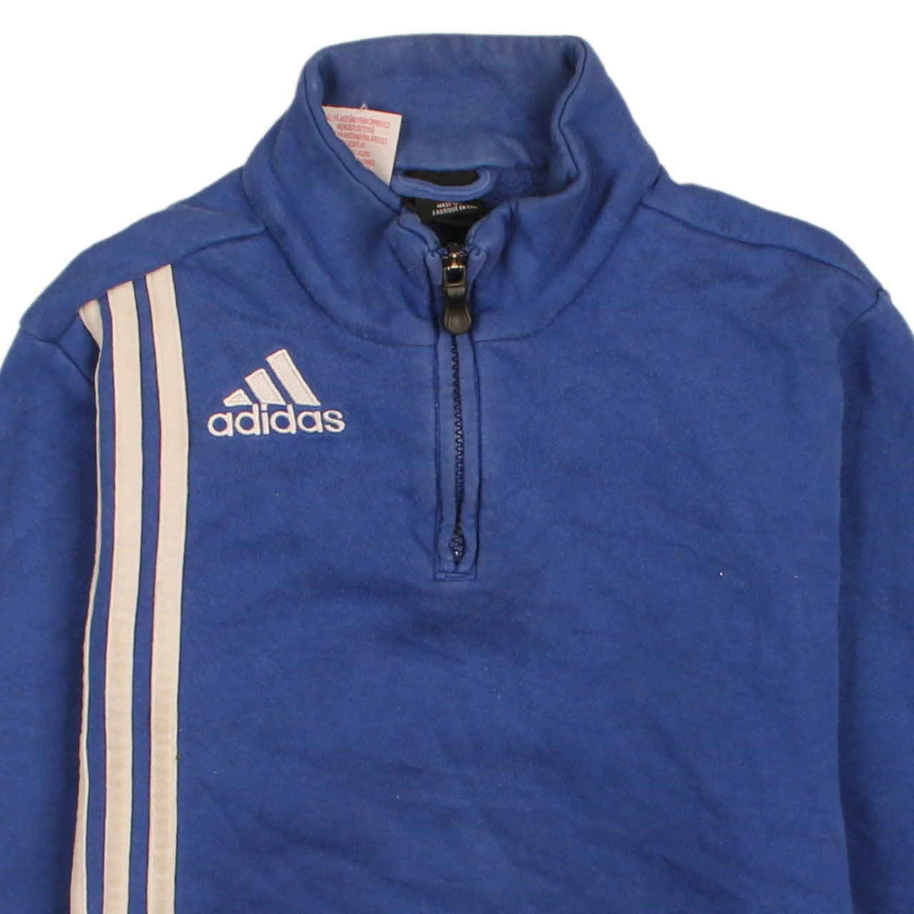 Brand and care label for Adidas boys’ blue 1/4 zip fleece sweatshirt 16 years regular fit sports top