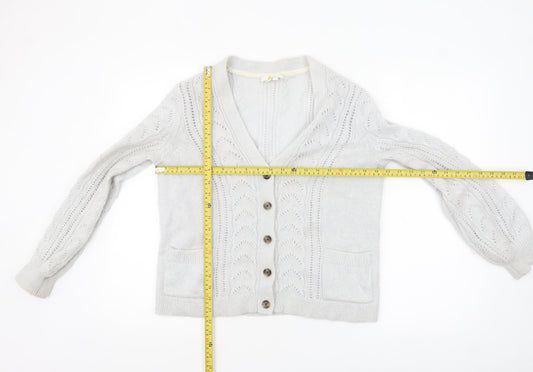 Boden Women Grey Cable-Knit Cardigan Size S V-Neck Wool Blend
