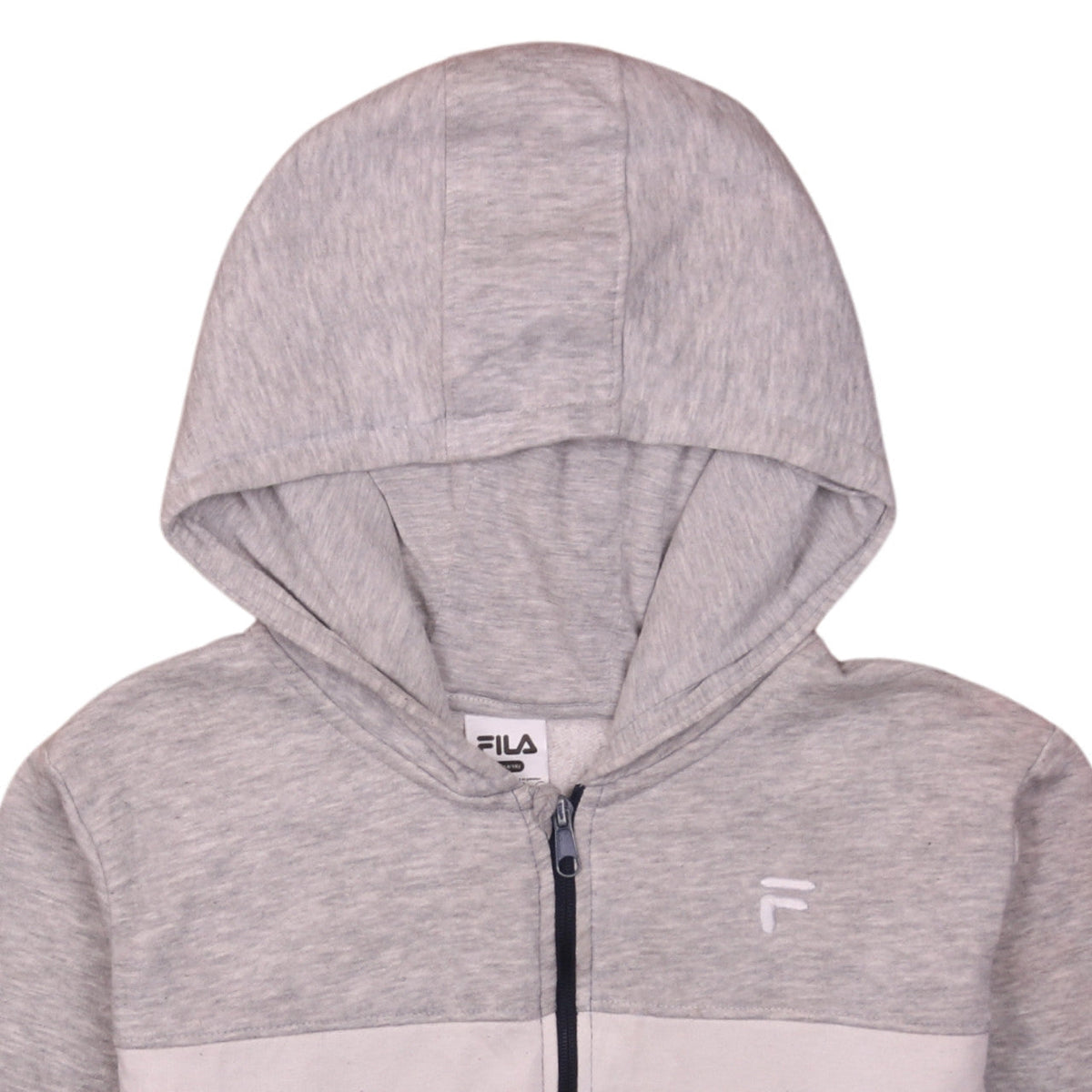 Brand and care label for Fila Teens Grey Blue Colourblock Full Zip Hoodie L (14/16)