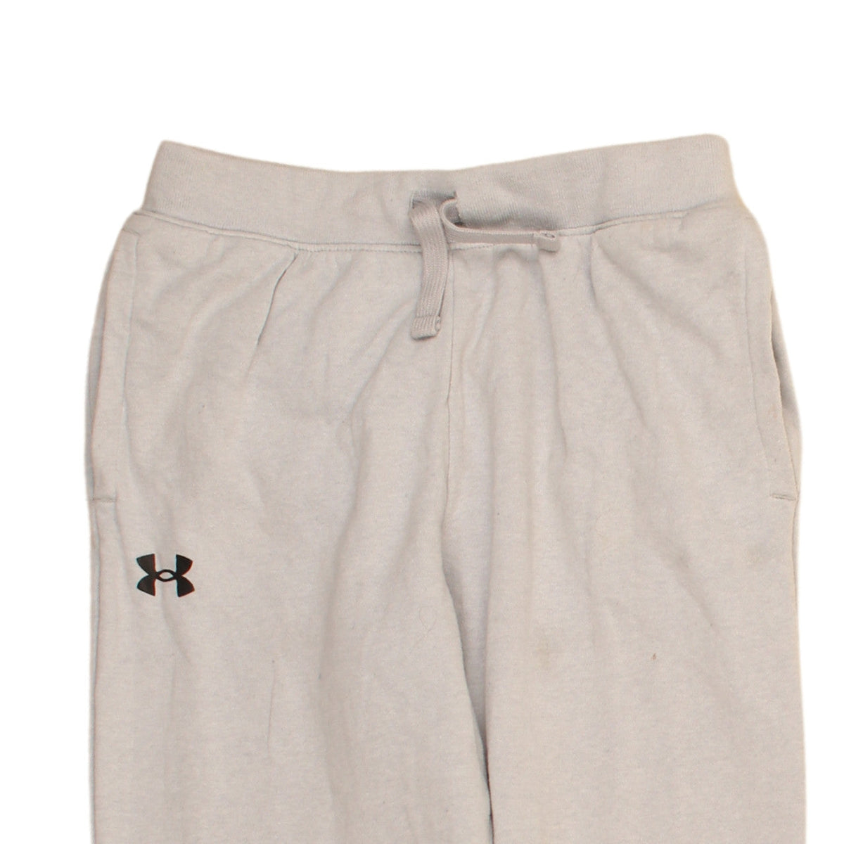 Brand and care label for Under Armour boys’ grey jogger sweatpants ylg loose fit activewear