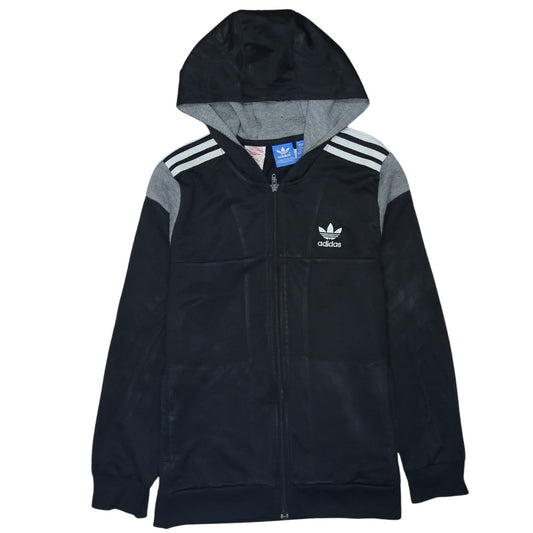 Additional front view of Adidas boys’ black full zip hoodie 13-14 years grey trim hooded sweatshirt