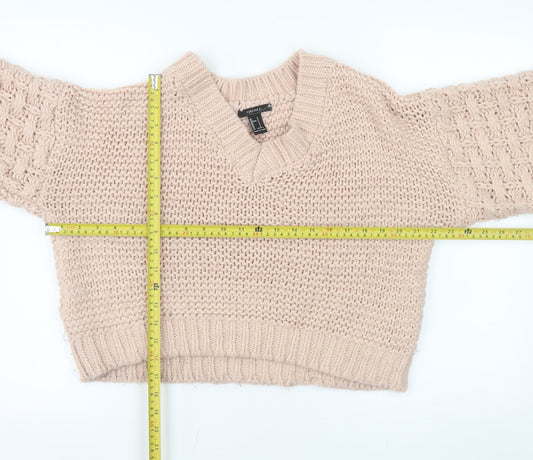 Forever 21 Women Beige Chunky-Knit V-Neck Jumper Size S
