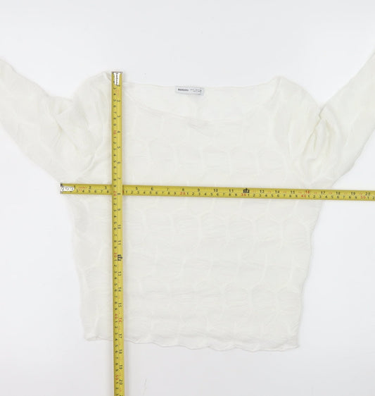 Bershka Women’s White Cropped Long Sleeve Slim Fit Top Size 12