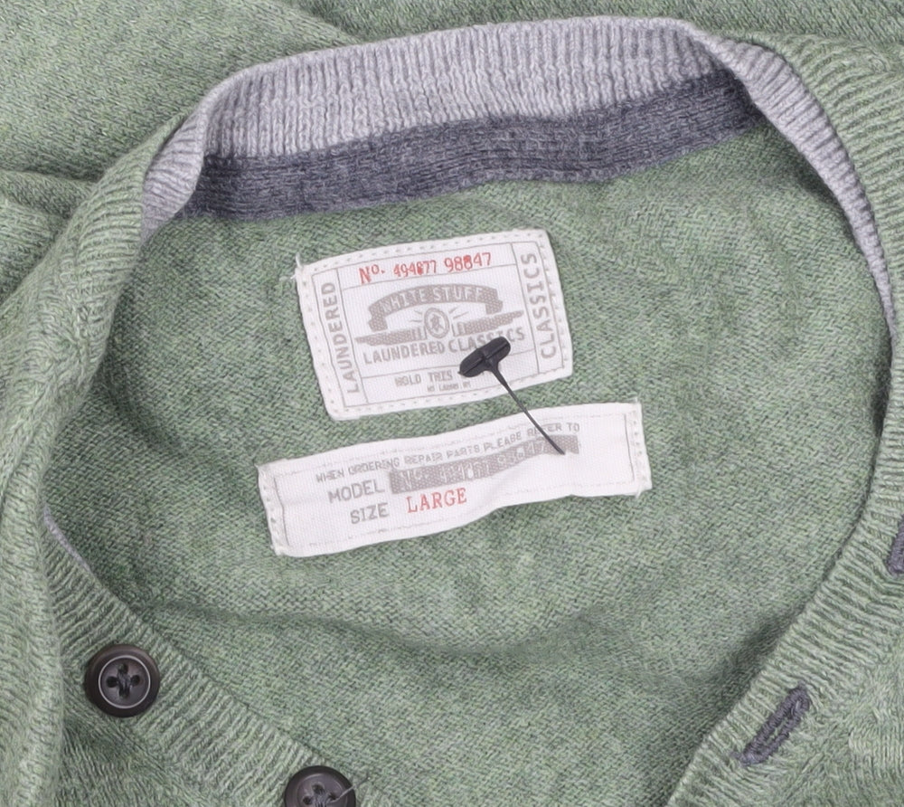 White Stuff Men Green Large Henley Jumper Cotton Cashmere Knit