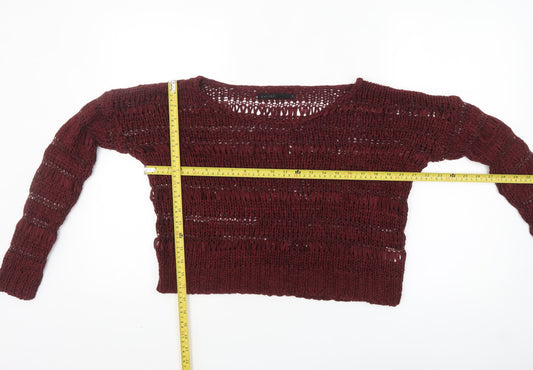 Crafted Womens Red Open-Knit Long Sleeve Pullover Jumper Size 8