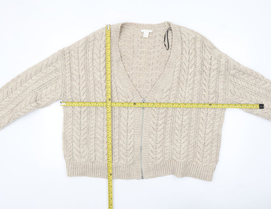 H&M Women Beige Cable-Knit Full Zip Wool Blend Cardigan Size L