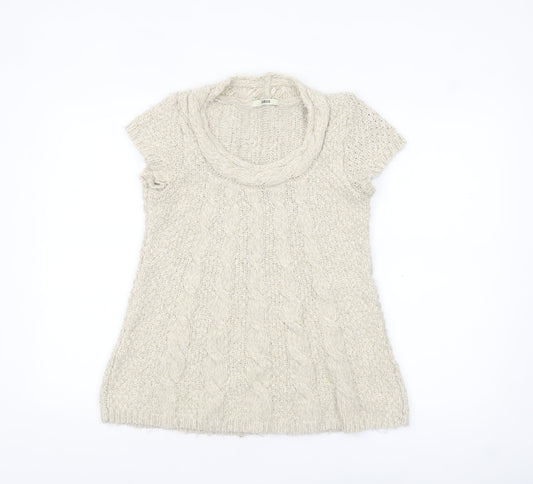 Oasis Women Beige Chunky Knit Cowl Neck Short Sleeve Jumper L