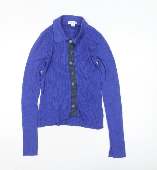 Warehouse Women Blue Collared Long Sleeve Button Cardigan M