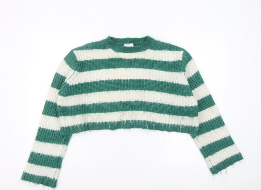 Bershka Women Green White Striped Chunky Knit Cropped Jumper Size 12