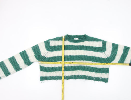 Bershka Women Green White Striped Chunky Knit Cropped Jumper Size 12