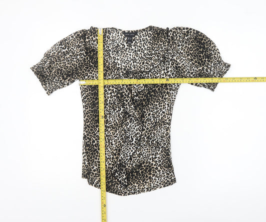 New Look Women's Brown Leopard Print Ruffle Wrap Blouse Size 6