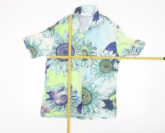 Bershka Men's XS Blue Floral Button-Up Shirt Summer Casual