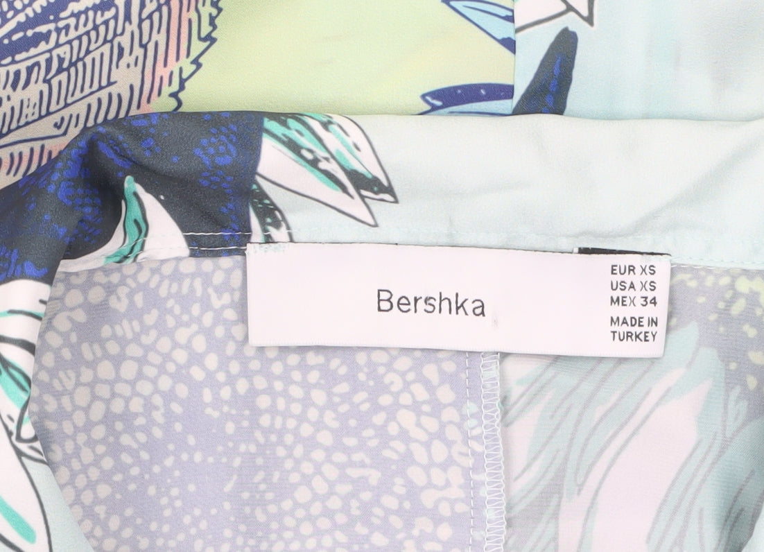 Bershka Men's XS Blue Floral Button-Up Shirt Summer Casual
