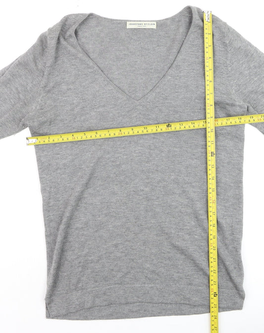 Johnstons of Elgin Womens Grey Wool Silk Cashmere V-Neck Jumper S