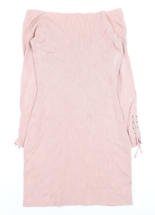 Additional front view of ASOS Women Pink Off Shoulder Rib Knit Bodycon Dress, size 10