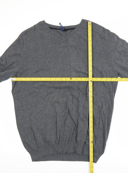 H&M Mens Grey Cotton V-Neck Pullover Jumper XL
