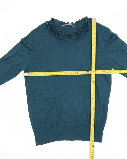 Oasis Women Green Long Sleeve Ruffle High Neck Knit Blouse M
