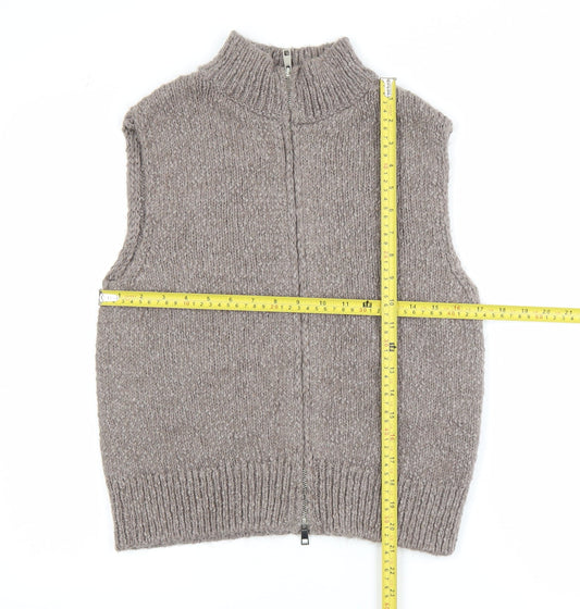 Marks and Spencer Women Beige Chunky Knit Full Zip Sleeveless Vest S