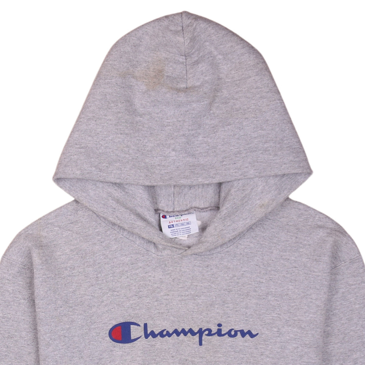 Brand and care label for Champion boys’ grey pullover hoodie yxl fleece cotton blend logo sweatshirt