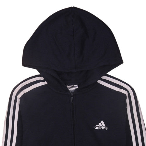 Brand and care label for Adidas boys’ black full zip hoodie, size S, 8-10 with logo detail
