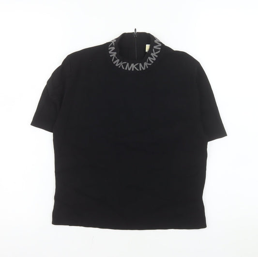 Additional front view of Michael Kors Women's Black Mock Neck Short Sleeve Stretch Top L