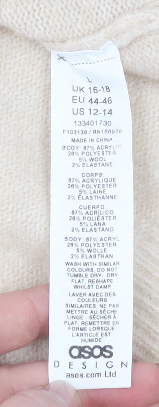 Brand and care label for ASOS Women's Beige Crew Neck Long Sleeve jumper, size L