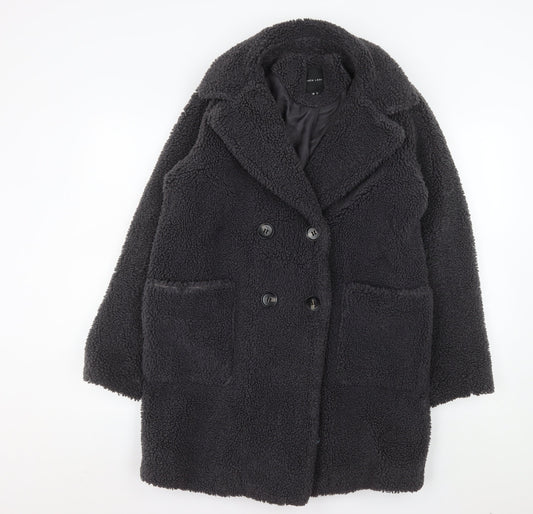 New Look Women's Black Teddy Coat Size 8 Double Breasted Mid-Length