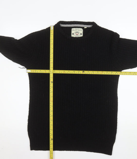 Brave Soul Men's Black Waffle-Knit Crew Neck Pullover Jumper Size S