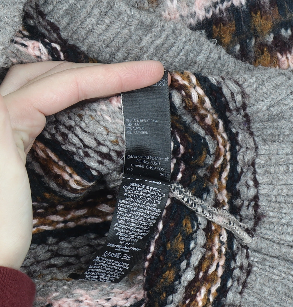 Marks and Spencer Women Grey Fair Isle Chunky Knit Jumper Size 10