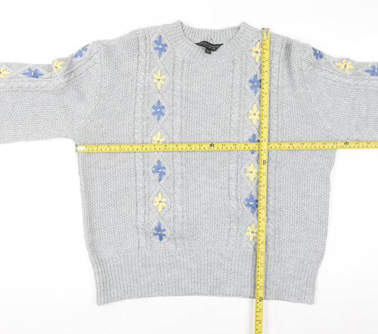 Dorothy Perkins Women's Grey Cable-Knit Jumper UK 18 Floral Embroidery