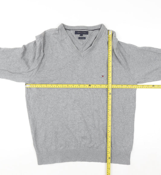 Tommy Hilfiger Men's Grey Cotton Cashmere V-Neck Jumper Size L
