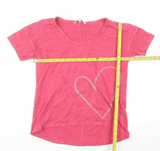 Next Petite Women Pink Rhinestone Heart Cotton T-Shirt Size 10