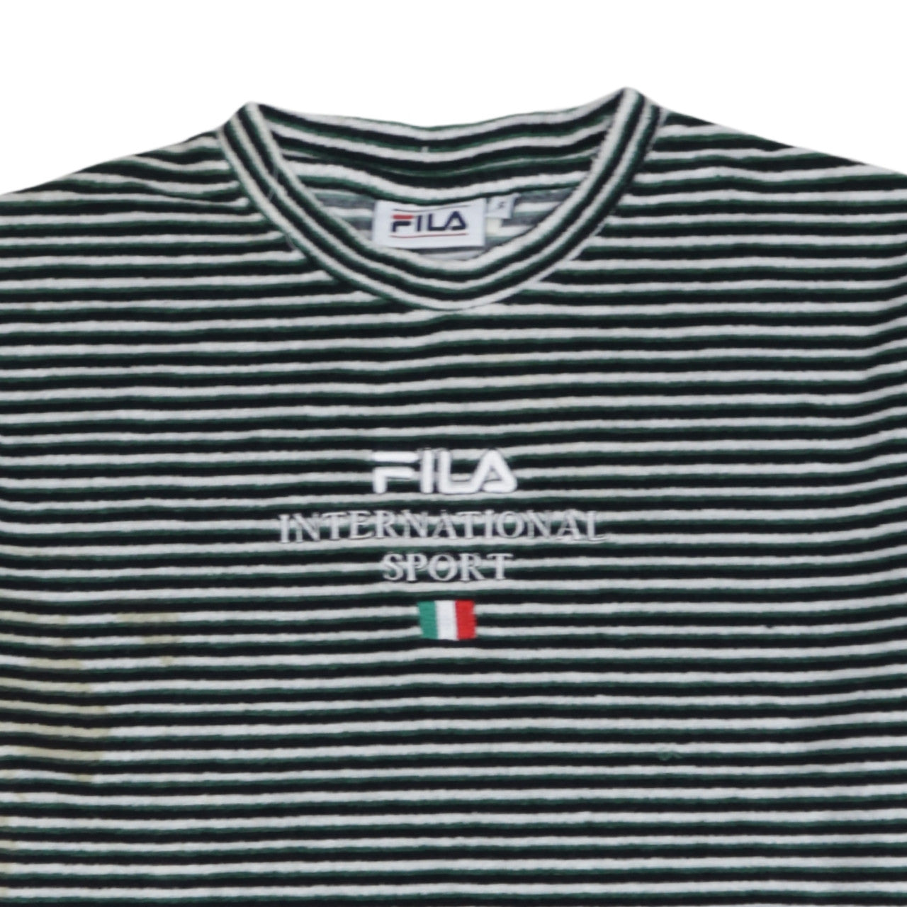 FILA Men’s Green Striped Embroidered Sports T-Shirt Size S Retro Style