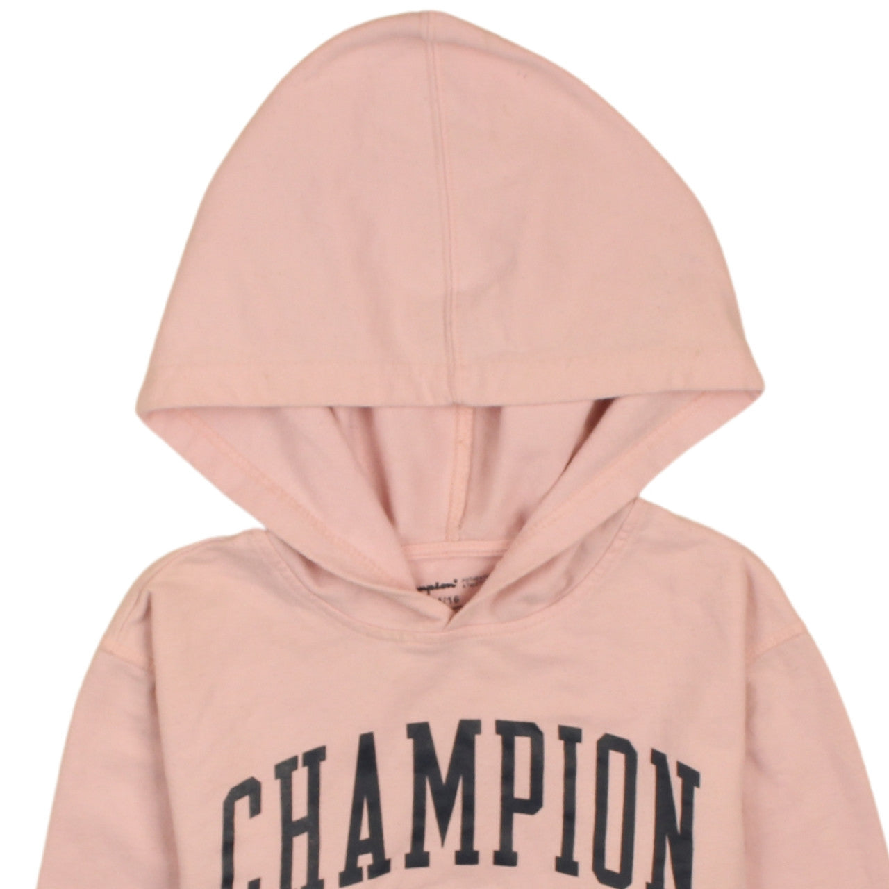 Brand and care label for Champion Teens Pink Pullover Hoodie, size 14, Logo Graphic Sweatshirt