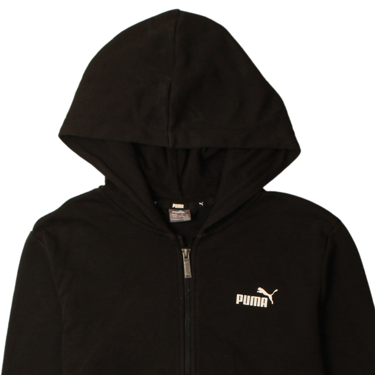 Brand and care label for Puma boys’ black full zip hoodie 13-14 years 164cm logo design