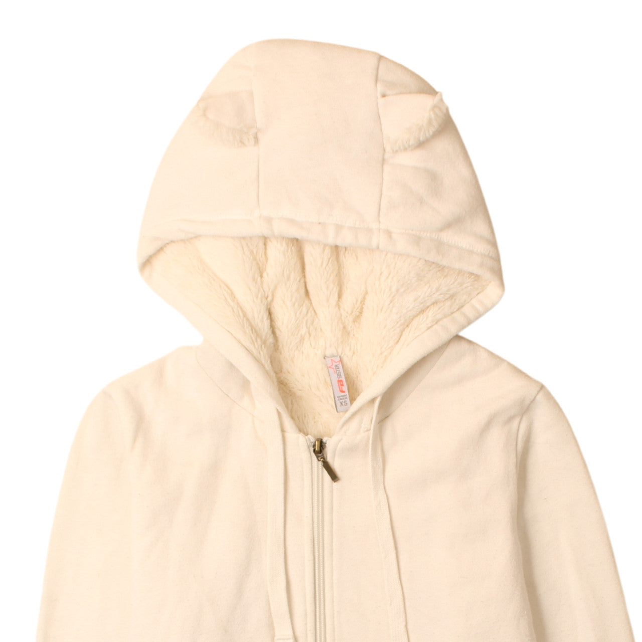 Brand and care label for FB Sister women’s ivory full zip hooded sweatshirt xs faux fur lined