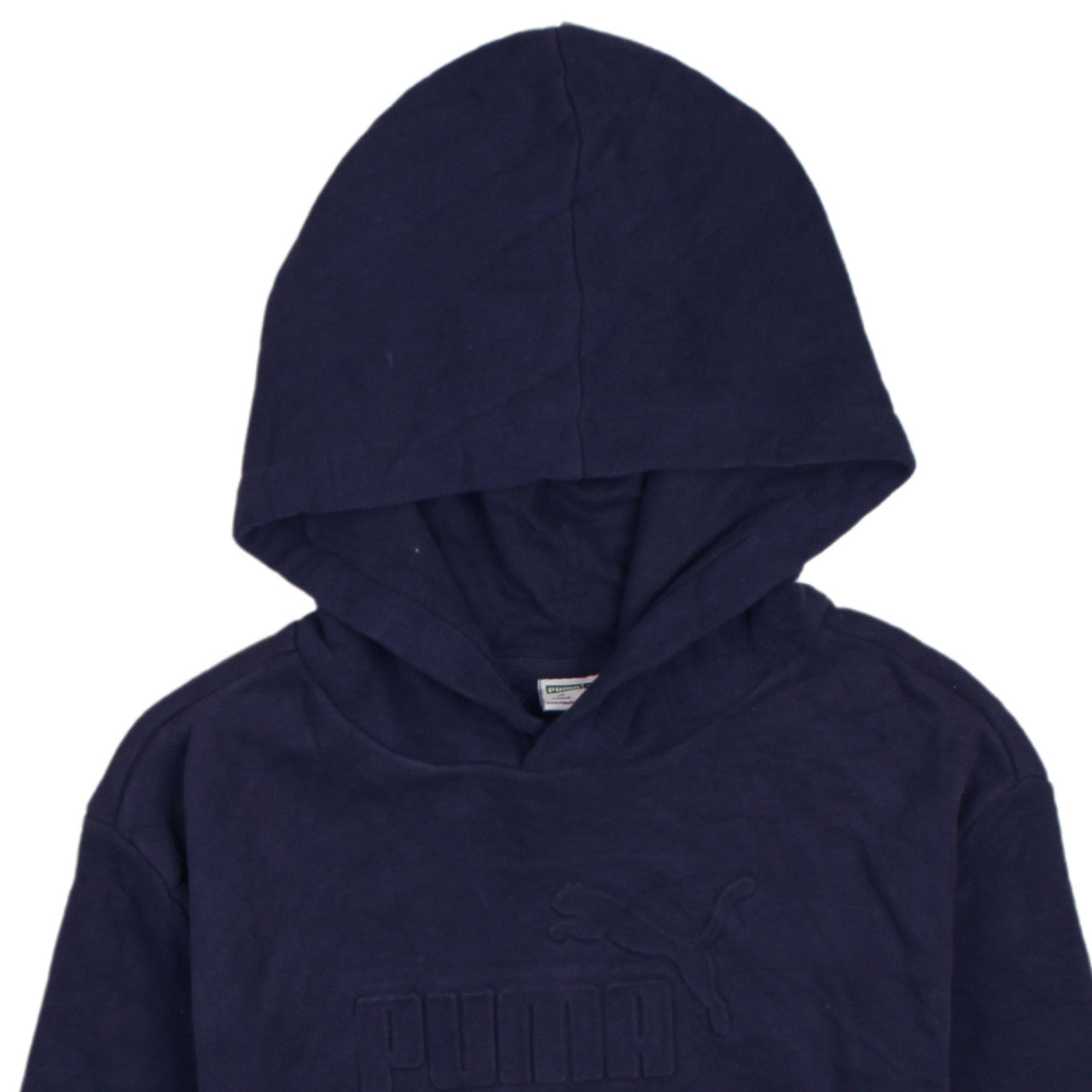 Brand and care label for Puma Teens Blue Pullover Hoodie L Logo Fleece Sportswear
