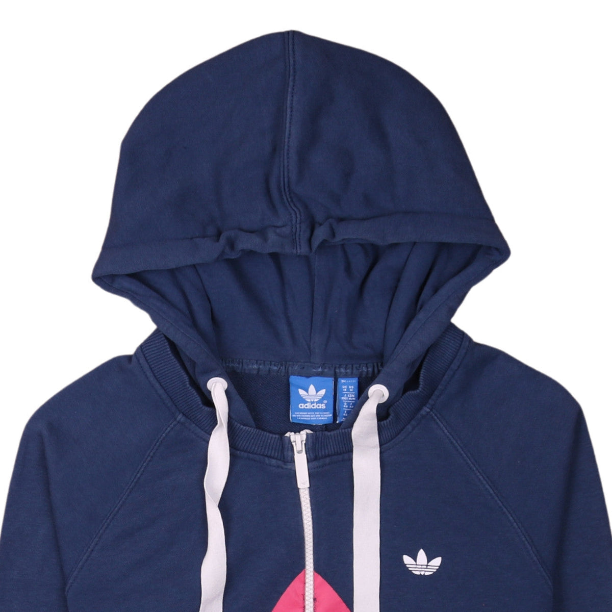 Brand and care label for Adidas Women’s Blue Full Zip Hoodie, size UK 14, Logo Print Casual