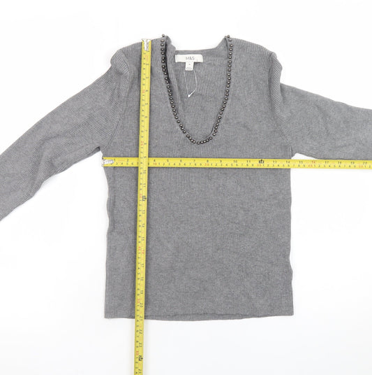 Marks and Spencer Women’s Grey Beaded V-Neck Knit Jumper Medium