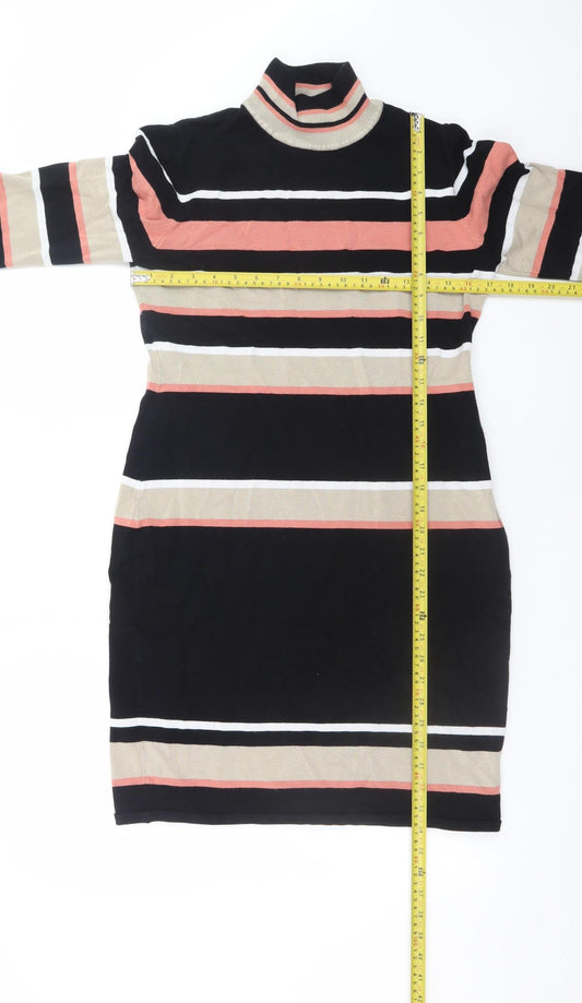 Roman Women Black Striped Bodycon Knit Roll Neck Dress Size 14