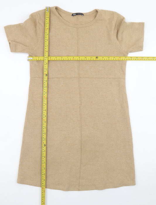 Zara Women Beige Size 10 Shift Short Sleeve Knit Dress