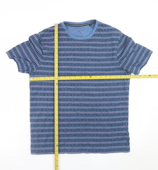 Steel & Jelly Men's Blue Geometric Crew Neck Cotton T-Shirt M
