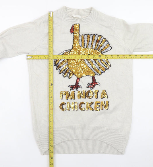 H&M Women’s Beige Sequin Turkey Jumper XS Long Sleeve Crew Neck