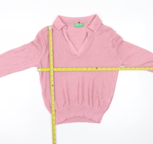 United Colors of Benetton Women’s Pink V-Neck Cotton Knit Jumper XS